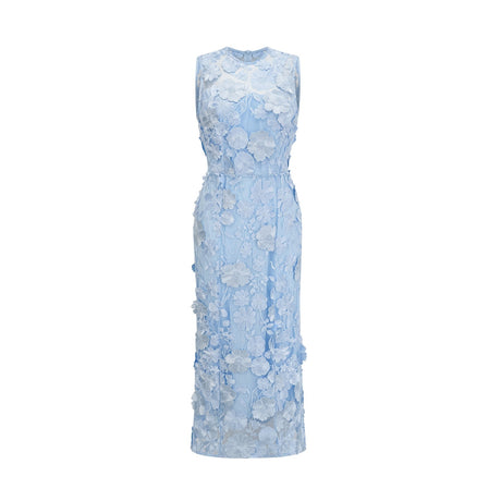 Vincenzina Floral Midi Dress in Blue with Cinched Waist & Flared Hem