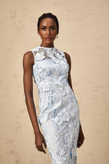 Vincenzina Floral Midi Dress in Blue with Cinched Waist & Flared Hem