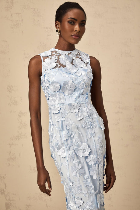 Vincenzina Floral Midi Dress in Blue with Cinched Waist & Flared Hem