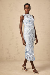 Vincenzina Floral Midi Dress in Blue with Cinched Waist & Flared Hem