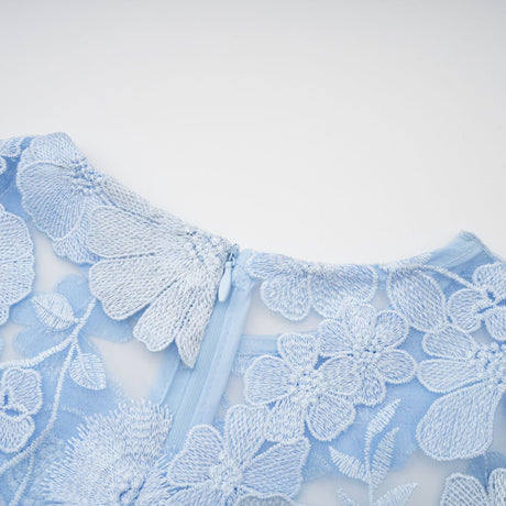 Vincenzina Floral Midi Dress in Blue with Cinched Waist & Flared Hem