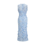 Vincenzina Floral Midi Dress in Blue with Cinched Waist & Flared Hem
