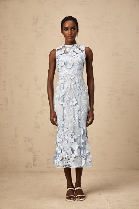 Vincenzina Floral Midi Dress in Blue with Cinched Waist & Flared Hem