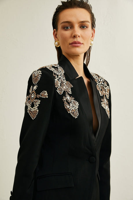 Vincenzina Jacket & Trousers Crystal Embellished Black