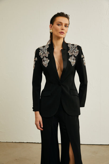 Vincenzina Jacket & Trousers Crystal Embellished Black
