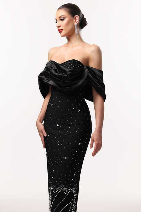 Viola Black Off-Shoulder Rhinestone Detail Maxi Dress