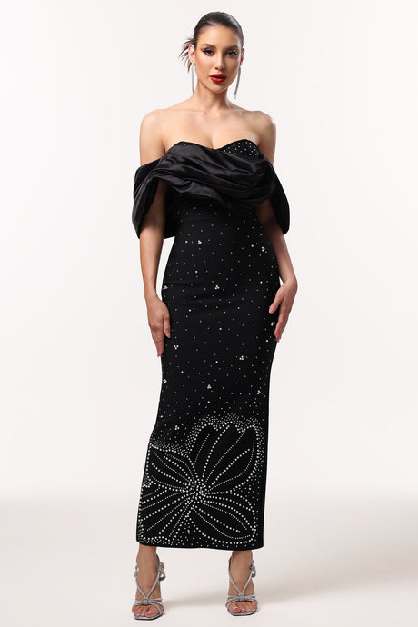 Viola Black Off-Shoulder Rhinestone Maxi Dress