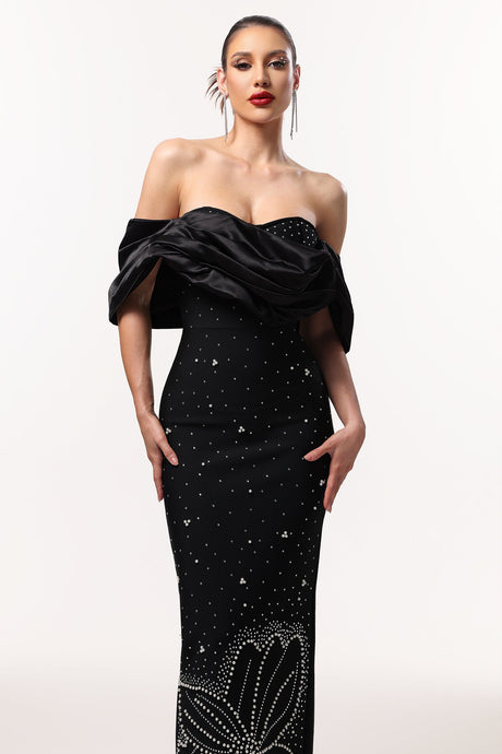Viola Black Off-Shoulder Rhinestone Maxi Dress