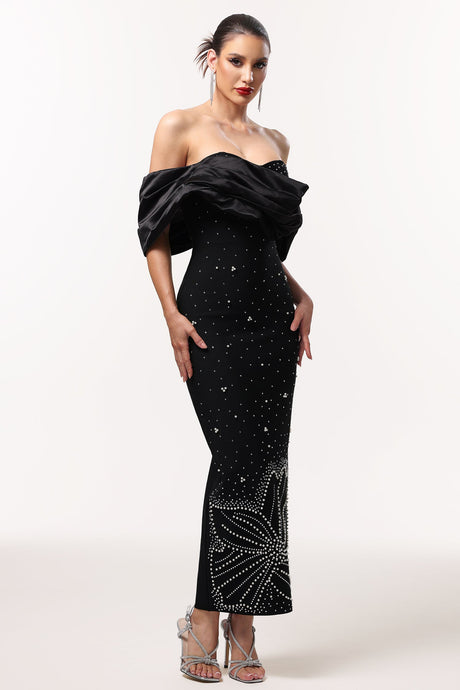Viola Black Off-Shoulder Rhinestone Maxi Dress