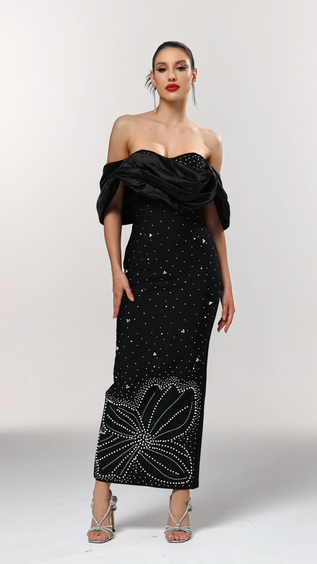 Viola Black Off-Shoulder Rhinestone Maxi Dress