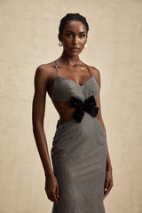 Violaine Grey Sequin Cutout Midi Dress With Bow and Open Back