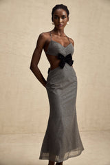 Violaine Grey Sequin Cutout Midi Dress With Bow and Open Back
