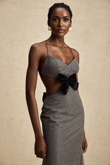 Violaine Grey Sequin Cutout Midi Dress With Bow and Open Back