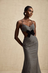 Violaine Grey Sequin Cutout Midi Dress With Bow and Open Back