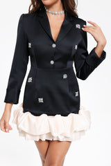 Violet Black Blazer Style Diamante Embellished Ruffled Hemline Dress