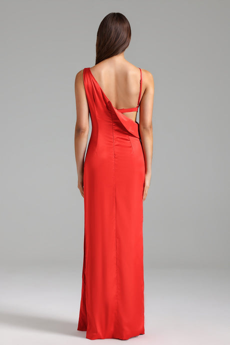 Violet Red Backless Evening Dress with High Slit and Deep-V Neckline