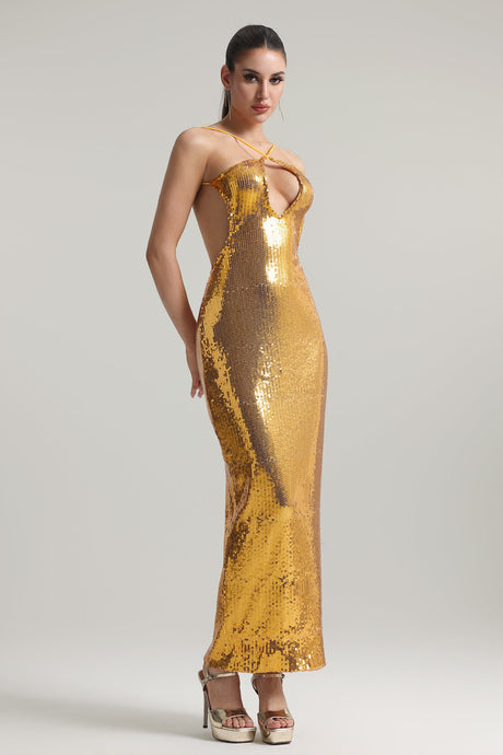 Violetta Gold Sequin Backless Halter Neckline Cut-Out Evening Dress