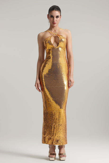 Violetta Gold Sequin Backless Halter Neckline Evening Dress