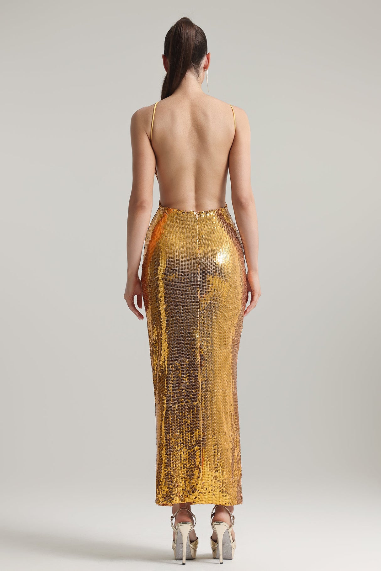 Violetta Gold Sequin Backless Halter Neckline Evening Dress