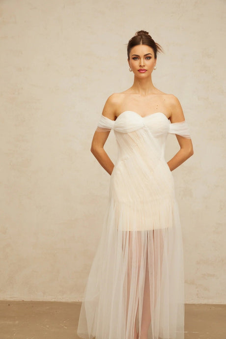 Violetta Maxi Dress White Pleated Tulle Off - Shoulder Hemline