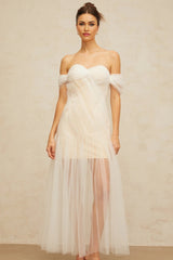 Violetta Maxi Dress White Pleated Tulle Off - Shoulder Hemline