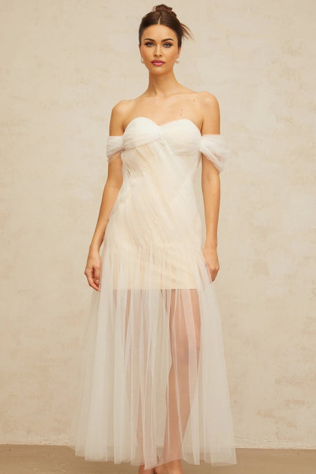 Violetta Maxi Dress White Pleated Tulle Off - Shoulder Hemline