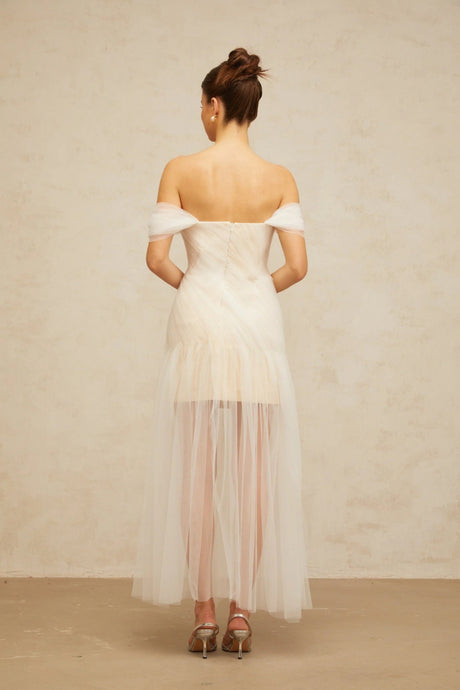 Violetta Maxi Dress White Pleated Tulle Off - Shoulder Hemline