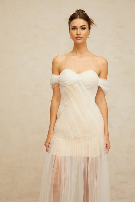 Violetta Maxi Dress White Pleated Tulle Off - Shoulder Hemline