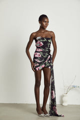 Violetta Mini Dress Black Pink Ribbon Floral Asymmetric Feminine