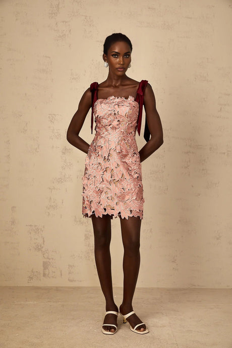 Violetta Mini Dress Pink Floral Off - Shoulder & Cut - Out Design