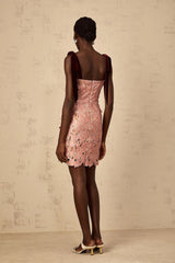 Violetta Mini Dress Pink Floral Off - Shoulder & Cut - Out Design