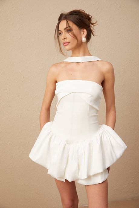 Violetta Mini Dress White Halterneck Ruffled Hem Zip Included
