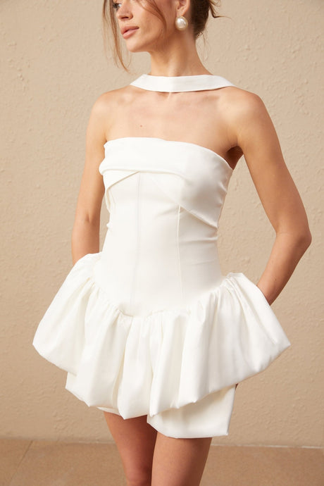 Violetta Mini Dress White Halterneck Ruffled Hem Zip Included