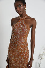 Virginia Maxi Dress - Halter Neck Brown with Crystal Embellishment & Bodycon Fit