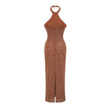 Virginia Maxi Dress - Halter Neck Brown with Crystal Embellishment & Bodycon Fit