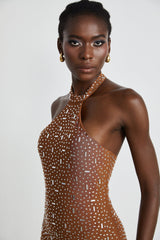 Virginia Maxi Dress - Halter Neck Brown with Crystal Embellishment & Bodycon Fit