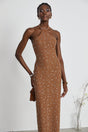 Virginia Maxi Dress - Halter Neck Brown with Crystal Embellishment & Bodycon Fit