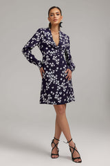 Virginia Navy Floral Shift Dress V-neck Long Sleeves Soft Fabric Versatile Elegant Sophisticated Comfortable