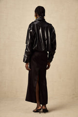 Virginie Black Cropped Faux Leather Jacket With Puff Hem