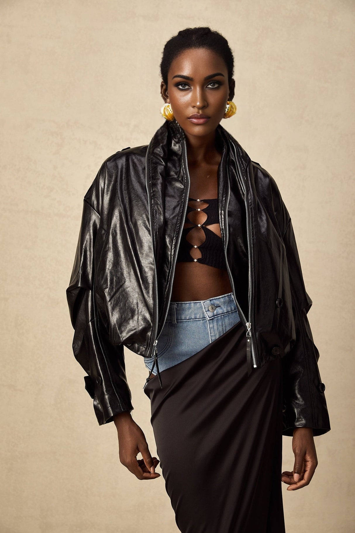 Virginie Black Cropped Faux Leather Jacket With Puff Hem