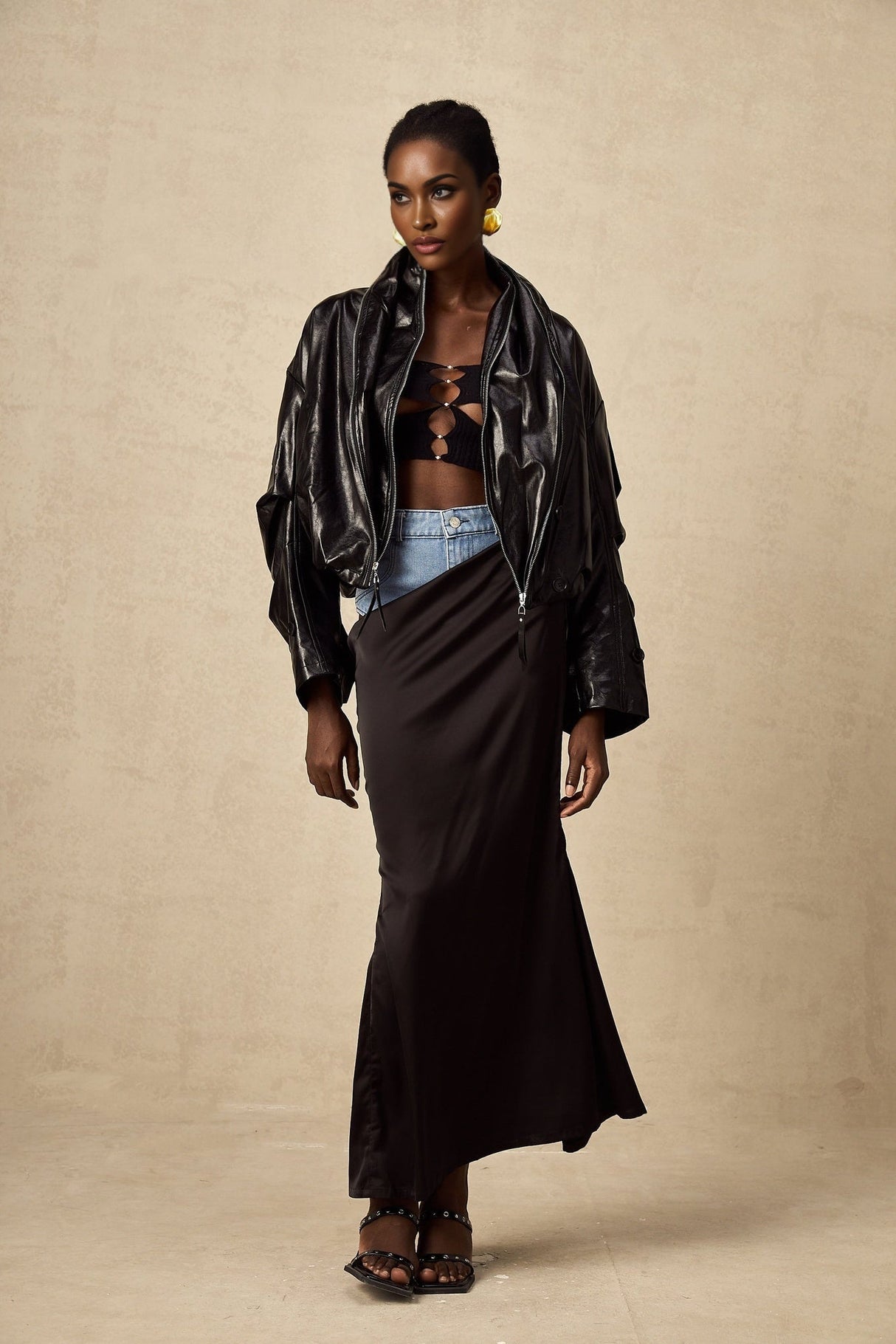 Virginie Black Cropped Faux Leather Jacket With Puff Hem