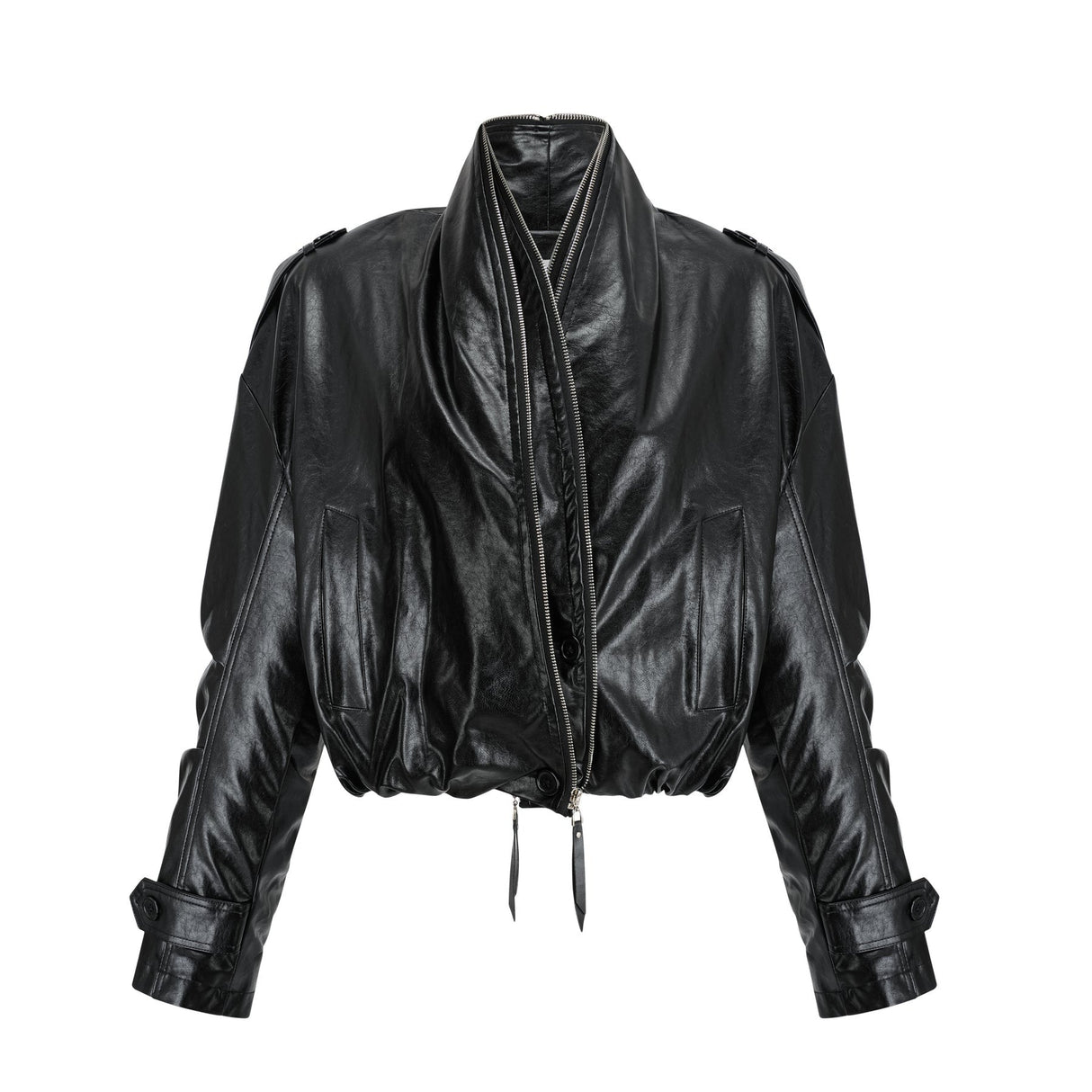 Virginie Black Cropped Faux Leather Jacket With Puff Hem