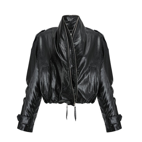 Virginie Black Cropped Faux Leather Jacket With Puff Hem