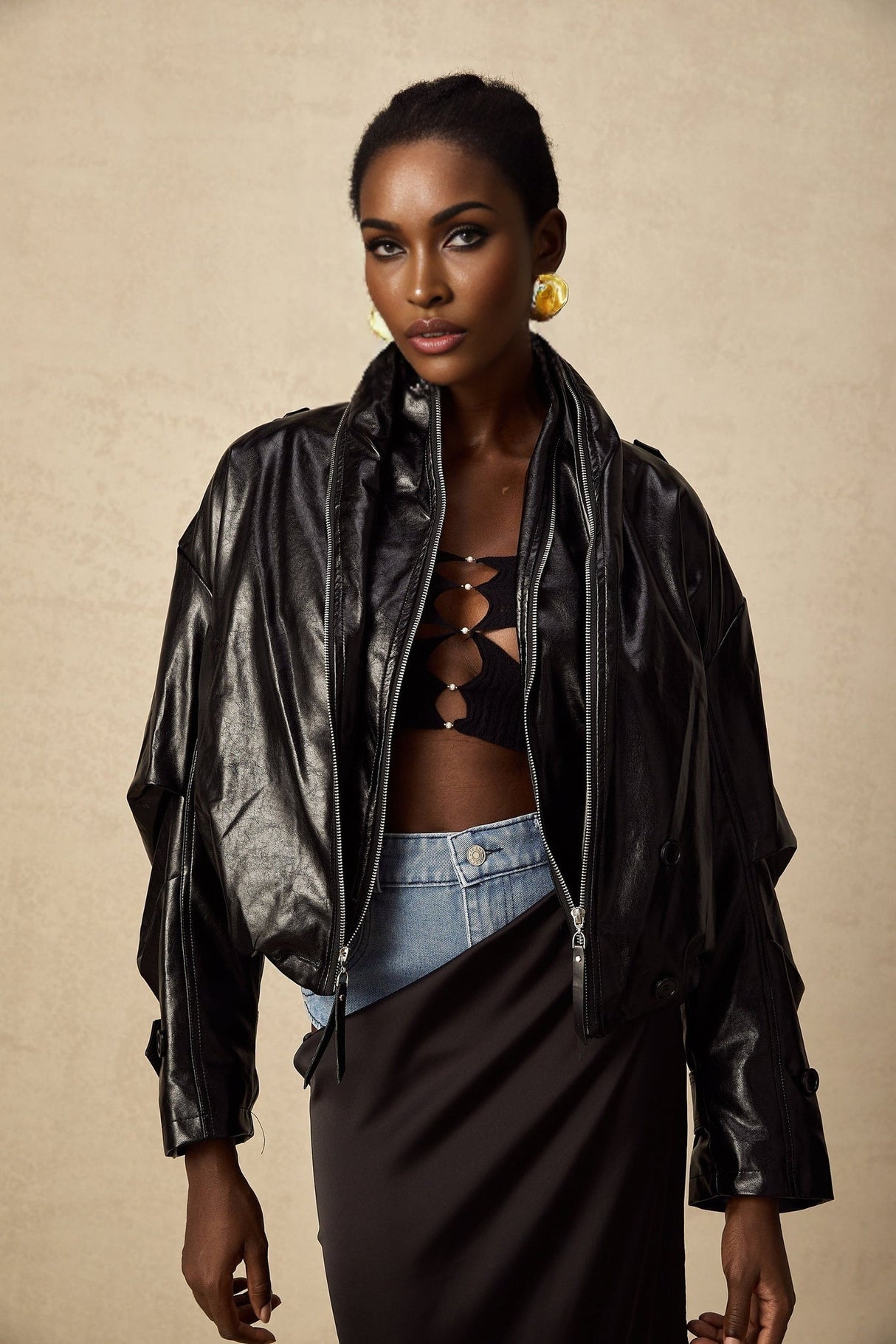 Virginie Black Cropped Faux Leather Jacket With Puff Hem