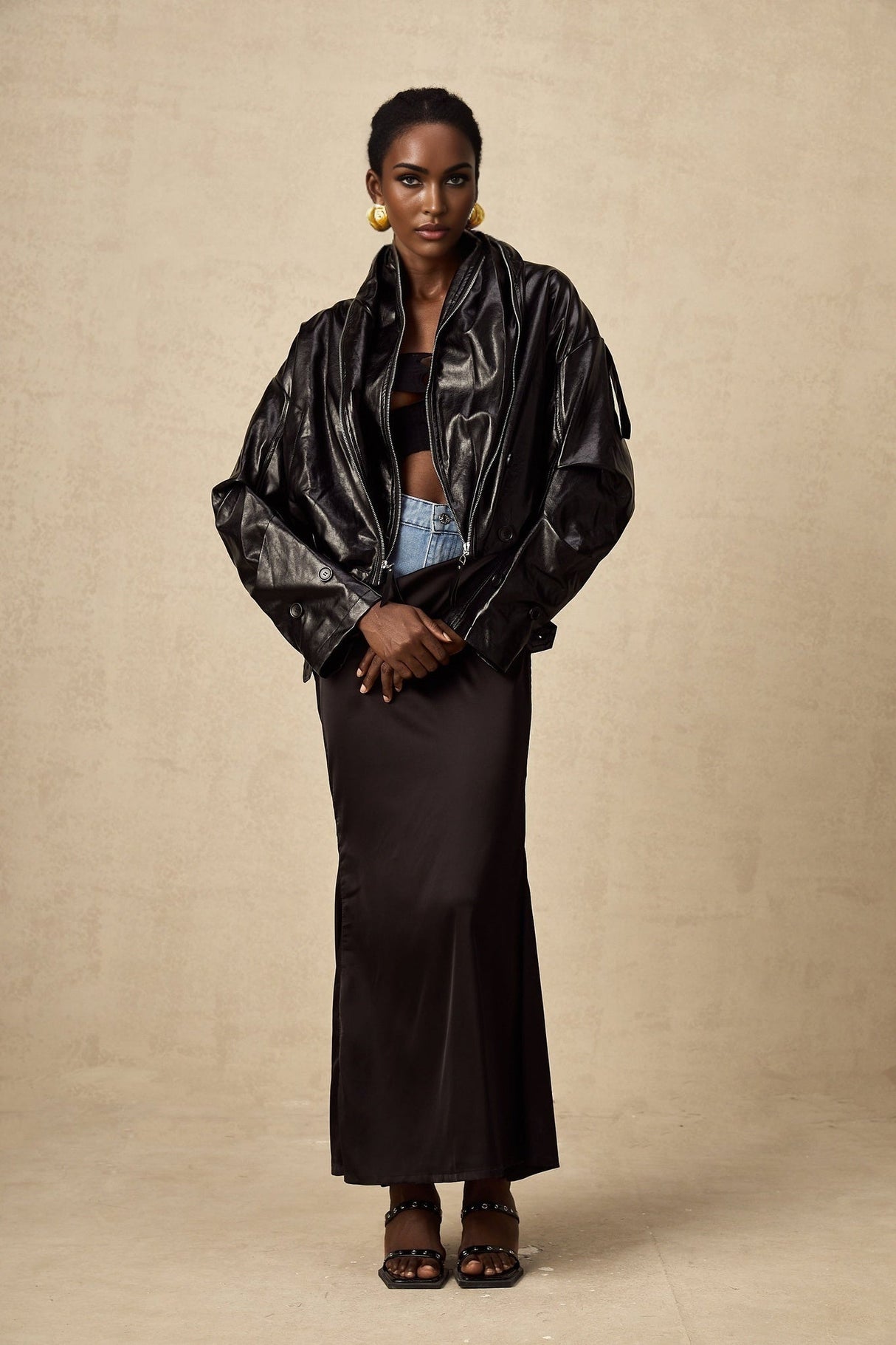 Virginie Black Cropped Faux Leather Jacket With Puff Hem