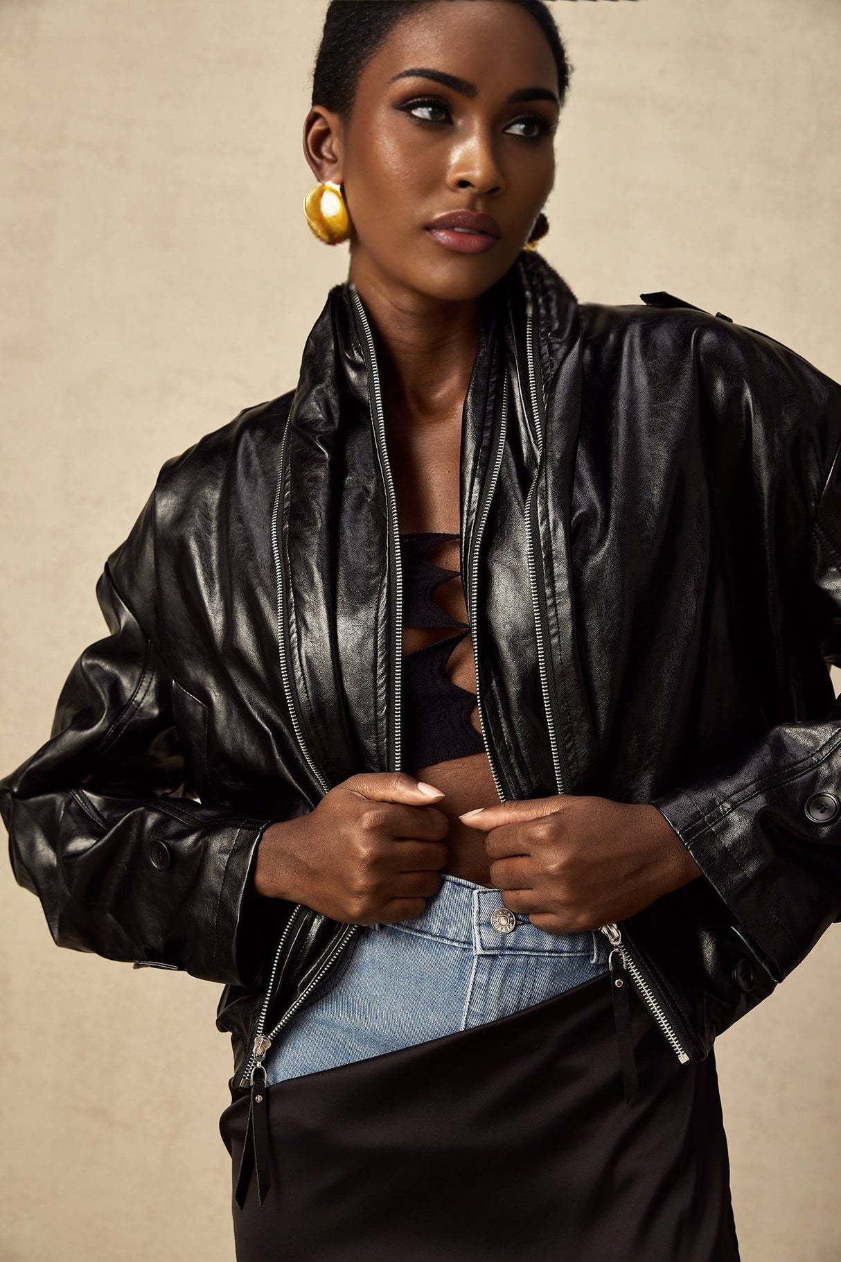 Virginie Black Cropped Faux Leather Jacket With Puff Hem