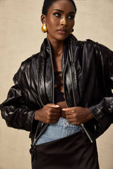 Virginie Black Cropped Faux Leather Jacket With Puff Hem