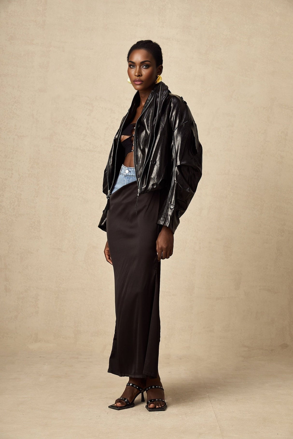 Virginie Black Cropped Faux Leather Jacket With Puff Hem