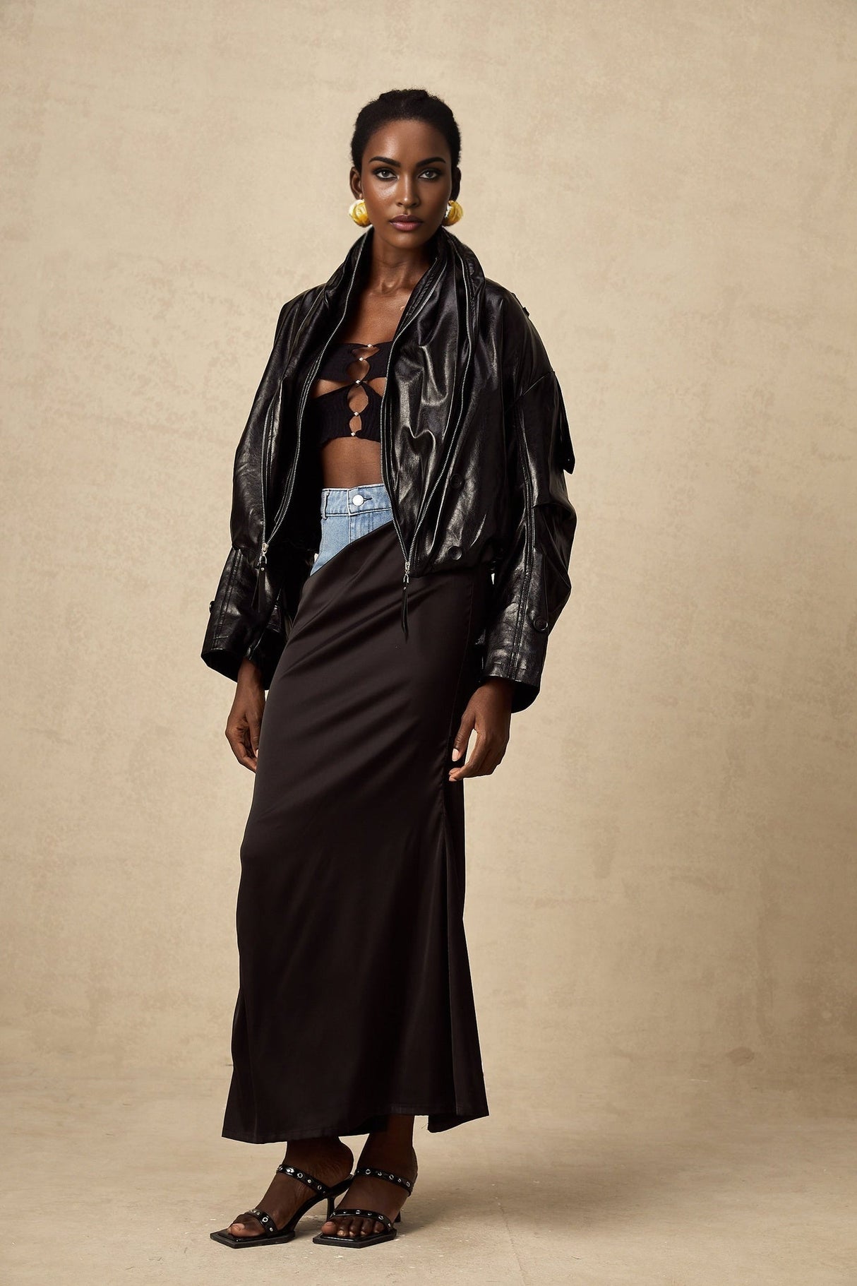 Virginie Black Cropped Faux Leather Jacket With Puff Hem