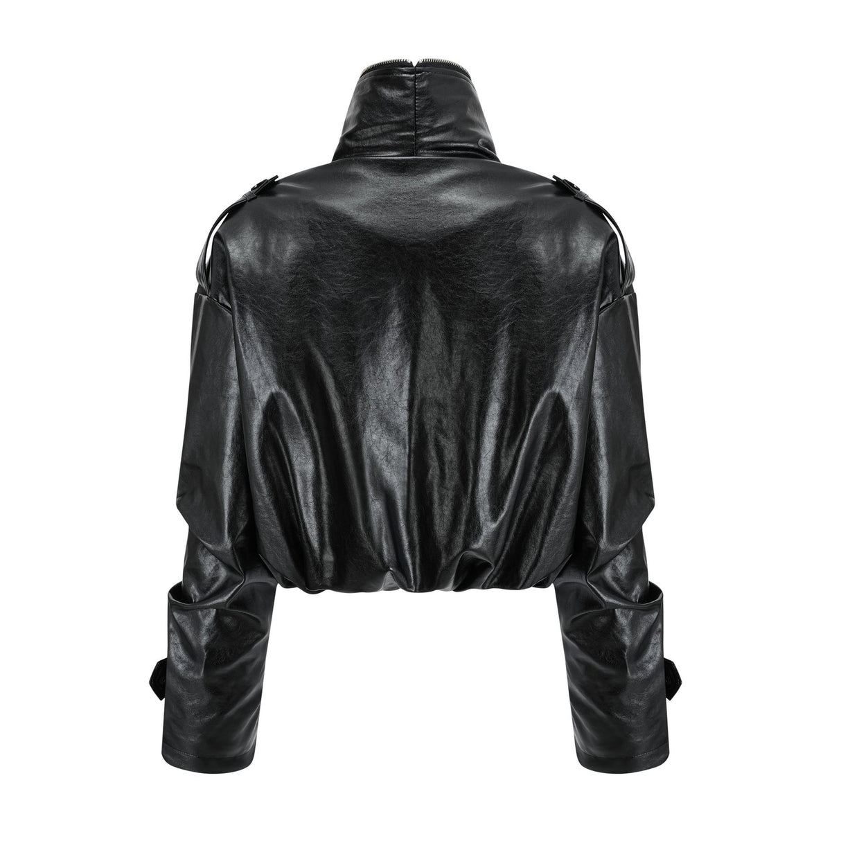 Virginie Black Cropped Faux Leather Jacket With Puff Hem